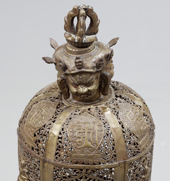 A large copper alloy incense burner, Tibet or Mongolia 19th Century.