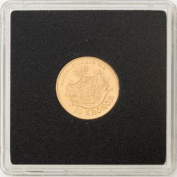 Gold coin, Oscar II, 10 kronor, type II, Sweden 1883.
