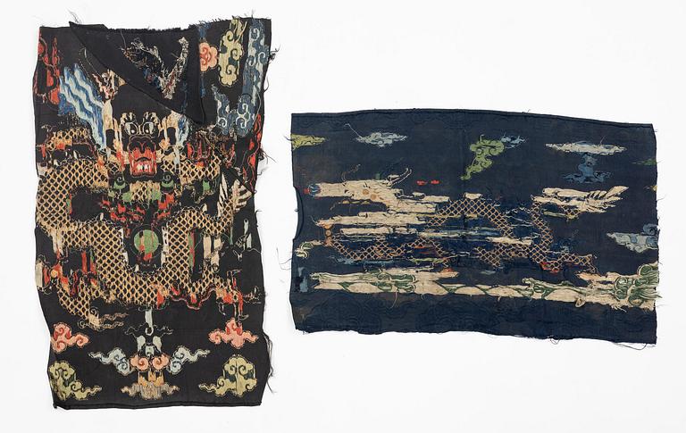 Two silk brocade 'dragon' fragments, late Ming dynasty/early Qing dynasty.