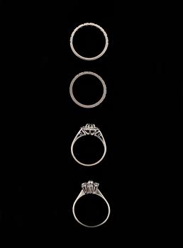 RINGAR, 4st, 18k vitguld med små diamanter. Totalvikt 10g.