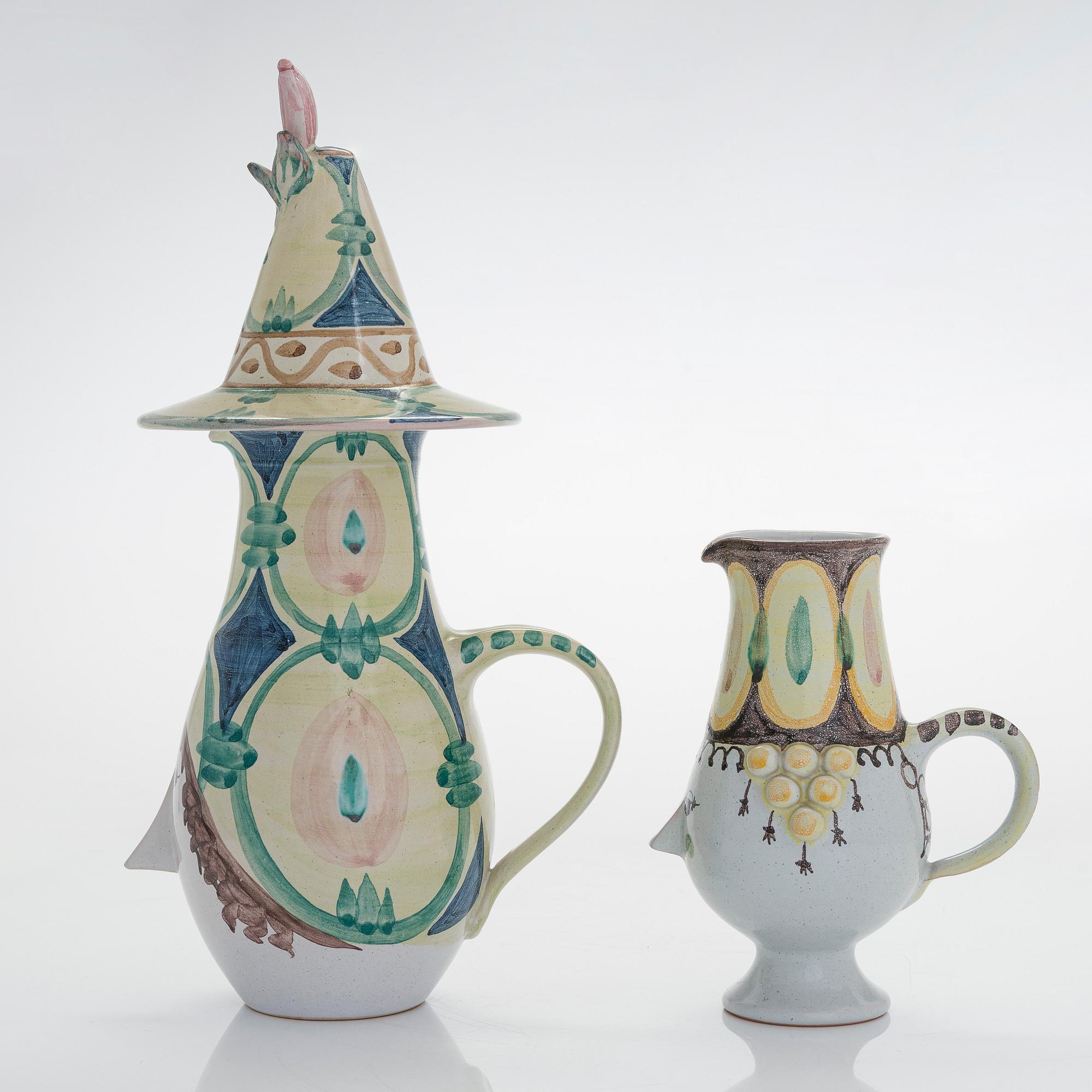 Björn Wiinblad, two faience pitchers signed BW K3 -74 and K9 -76