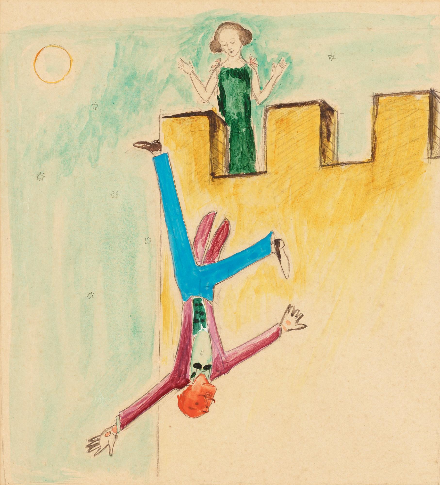 Nils von Dardel, "Dandyn faller från tornet" (the Dandy falling from the tower).
