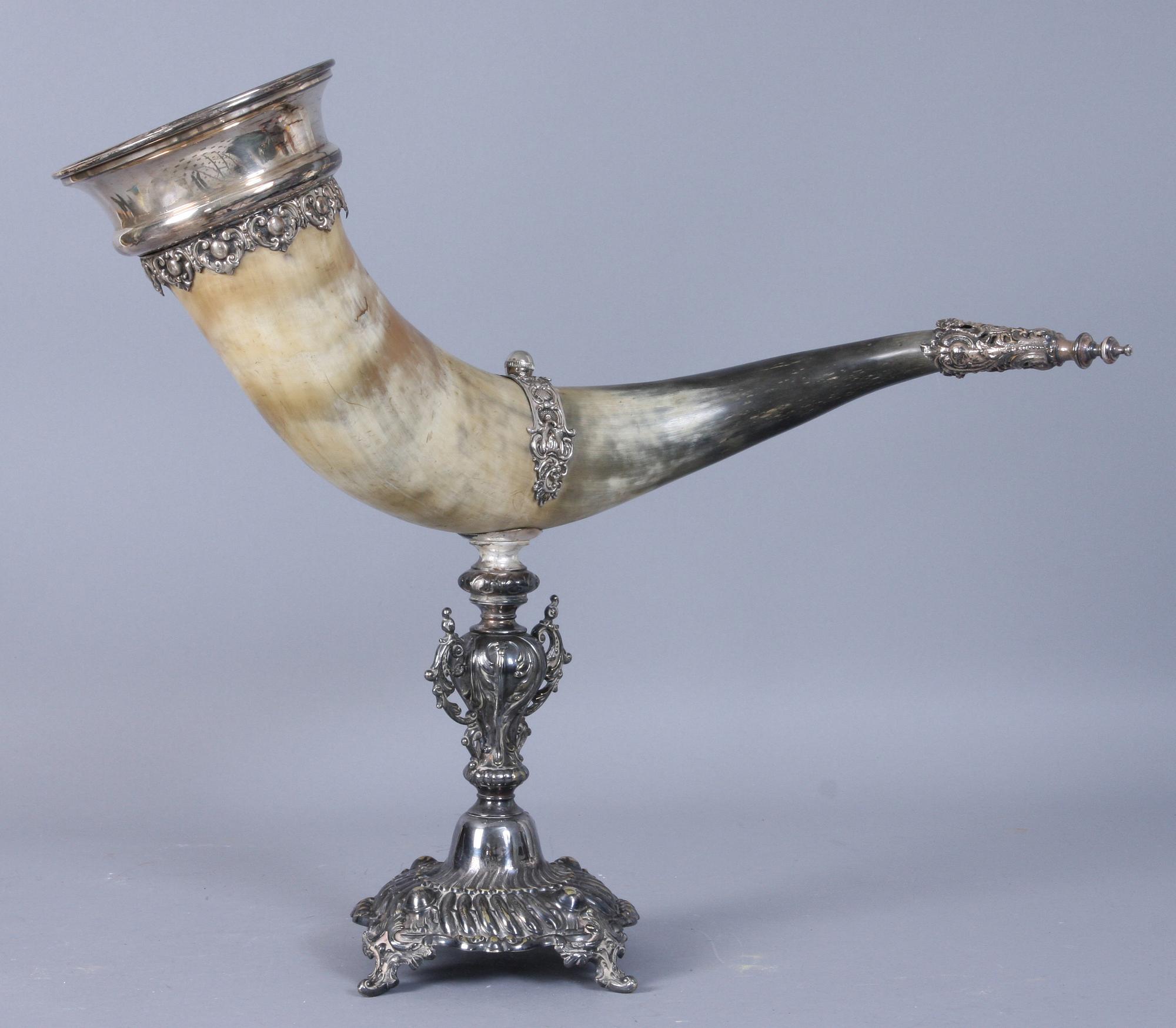DRYCKESHORN, nysilver samt ben, 1800-talets andra hälft, stmplad "JMJ"?.