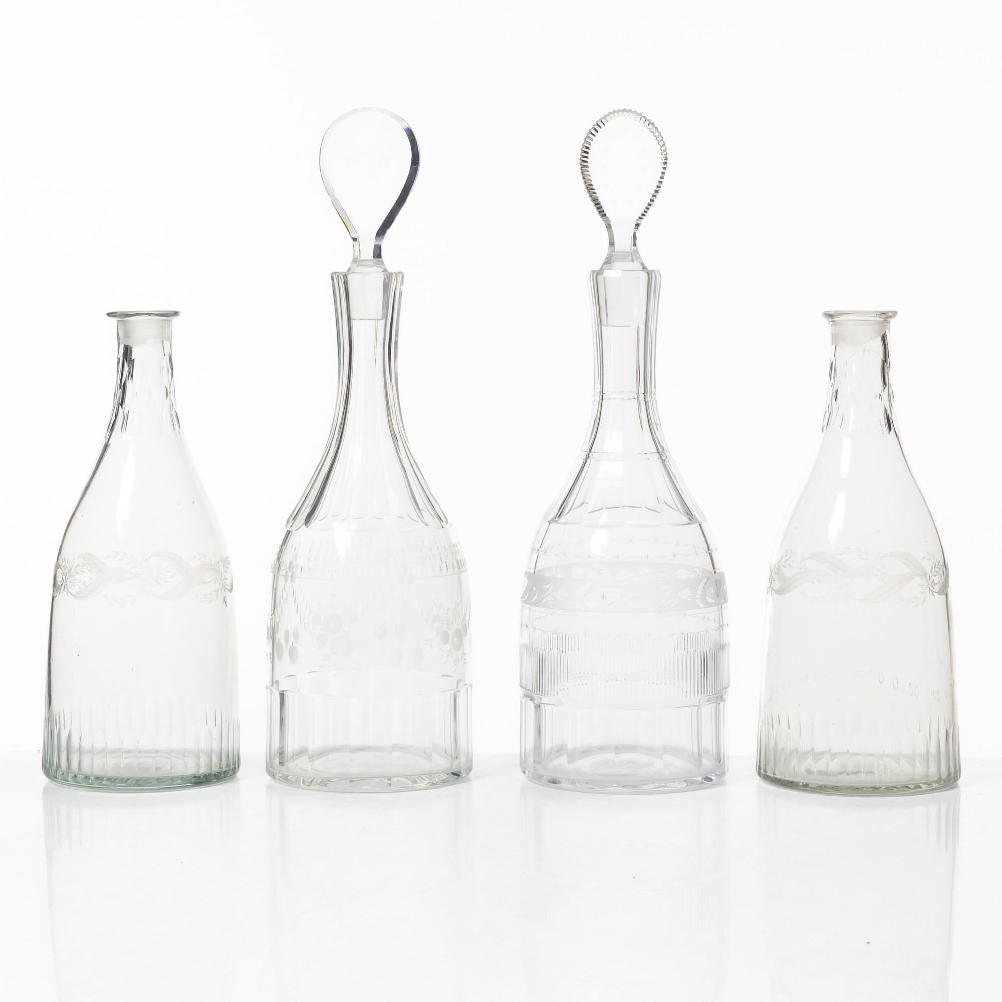 Four glass decanters, Gustavian, Sweden, late 18th century and first half of the 19th century.