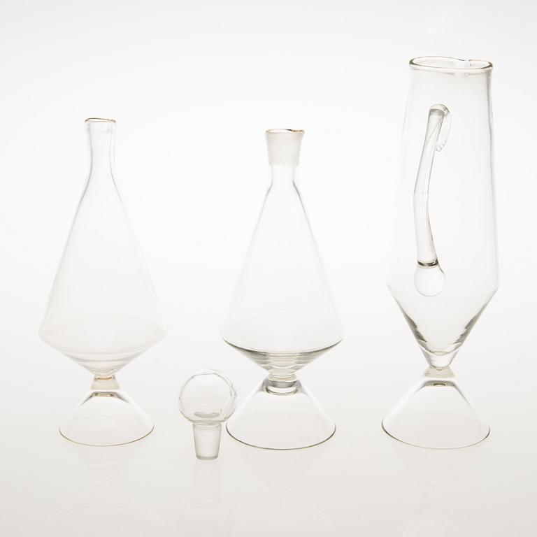 TAMARA ALADIN, Three clear glass decanters of the X-series, Riihimäen Lasi 1961-64. Models designed in 1961.