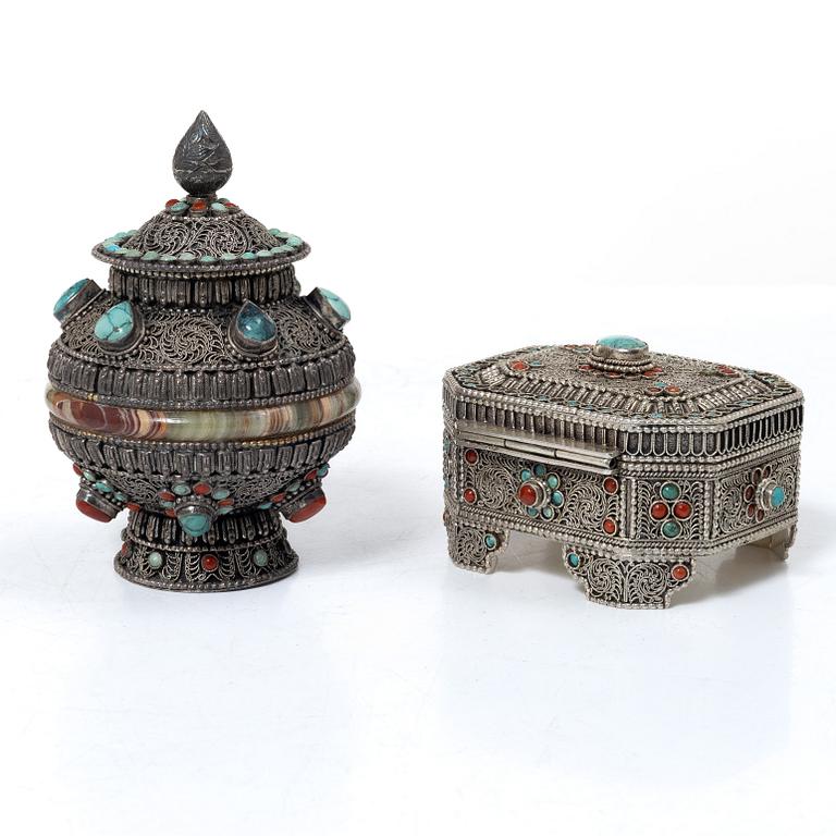 A group of five silver boxes with covers, South East Asia, 20th century.