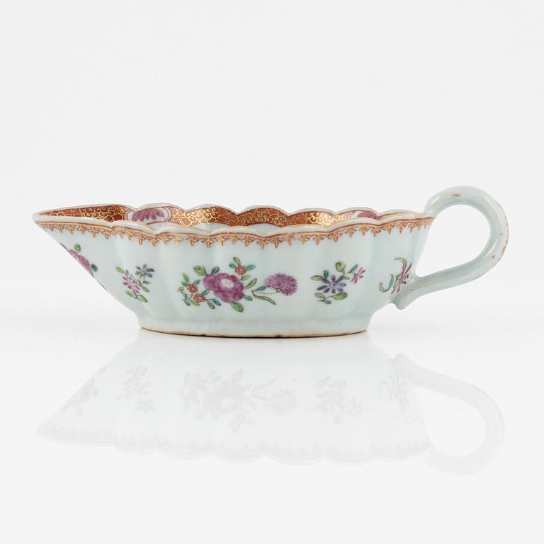 A famille rose dish, sauce boat and bowl, Qing dynasty, 18th Century.