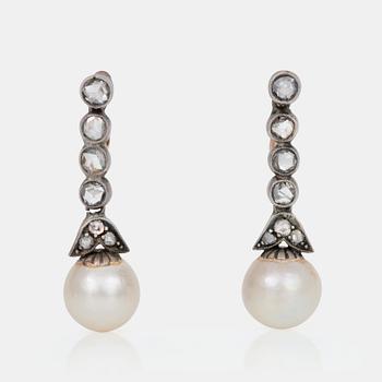 491. A pair of probably cultured pearl and rose-cut diamond earrings.