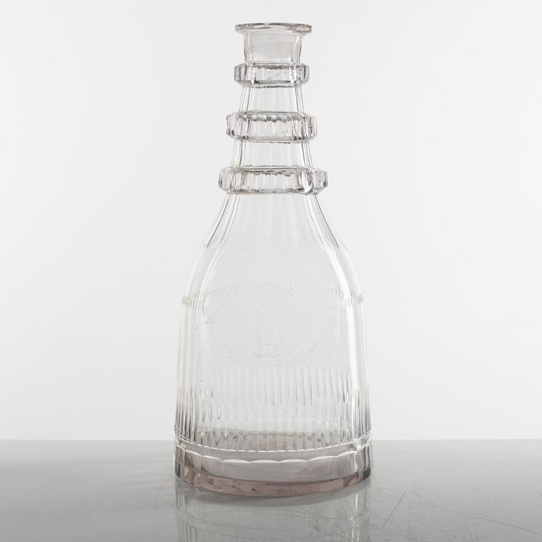 A glass decanter from Reijmyre Glasbruk, 1810s, engraved by Anders Spolander.