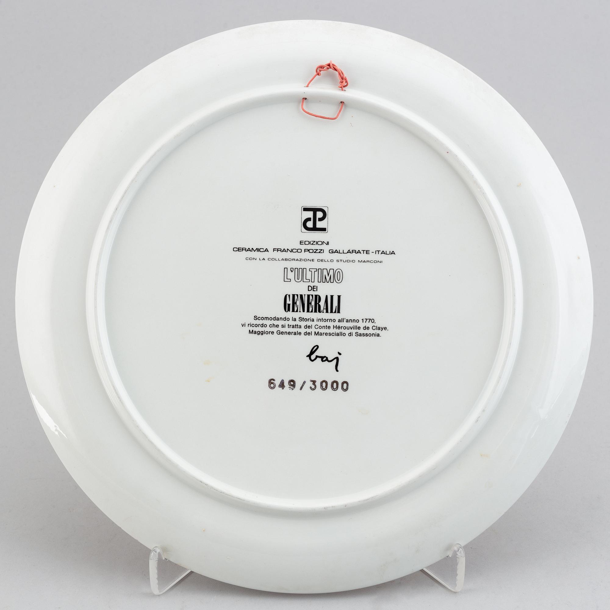 Enrico Baj, A porcelain plate with garter and medals, "L'Ultimo dei Generali", Ceramica Franco Pozzi, number 649/3000.
