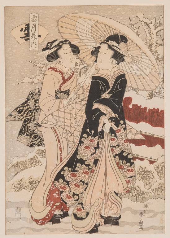 Färgträsnitt, 3 st, signerade Katsugawa Shunsho samt Kikugawa Eizan, efter,  sent 1800/tidigt 1900-tal, Japan.