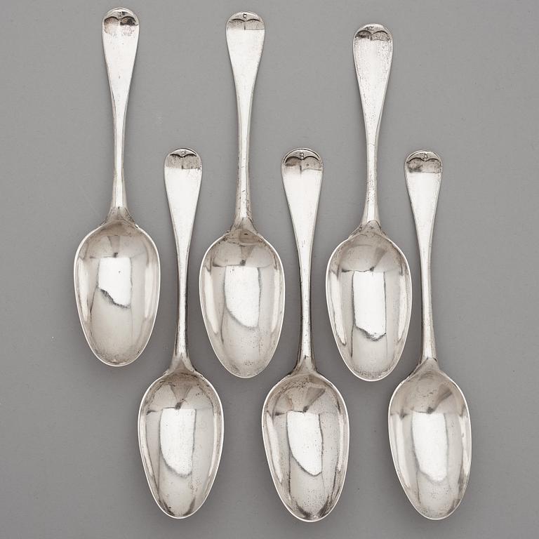 JOHAN MÖLLERSTRÖM, skedar, 6 st, silver, Stockholm 1727, med daterad gravyr 1726.