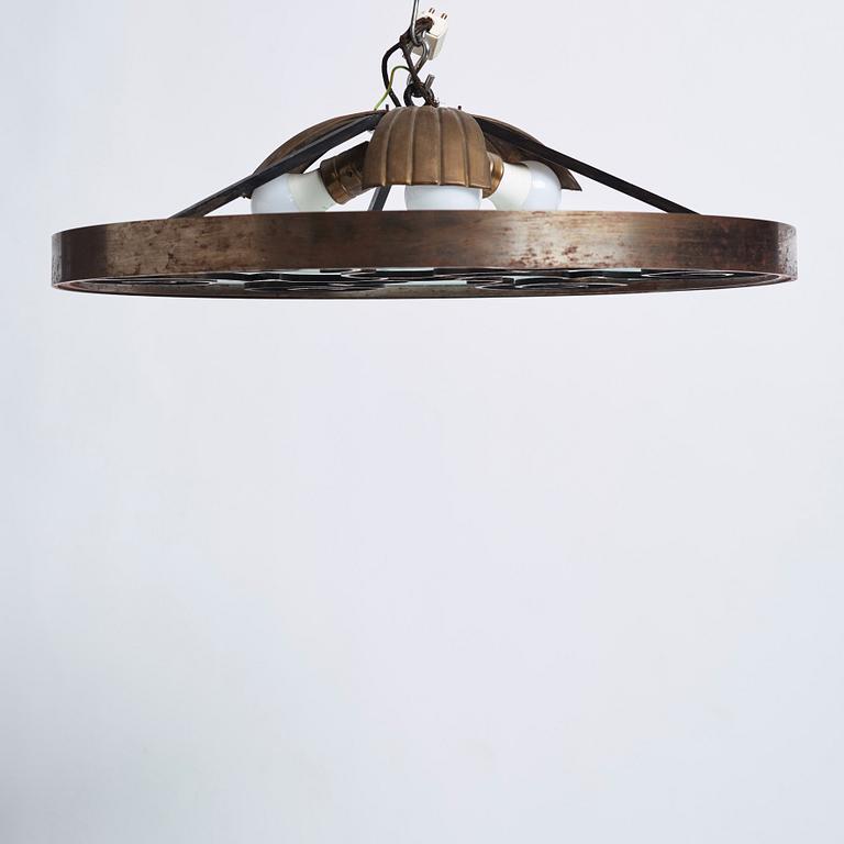 Lars Holmström, a Swedish Grace brass and steel framed ceiling light, Arvika 1920-30s.