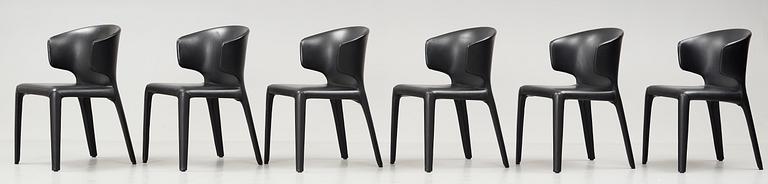 A set of six Hannes Wettstein 'Hola' black leather chairs, model 367, Cassina, Italy.