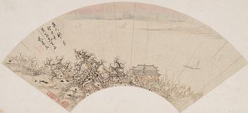 Oidentifierad konstnär, s.k. "Solfjädersmålning", Paviljong i kustlandskap, Kina, 1900-tal.