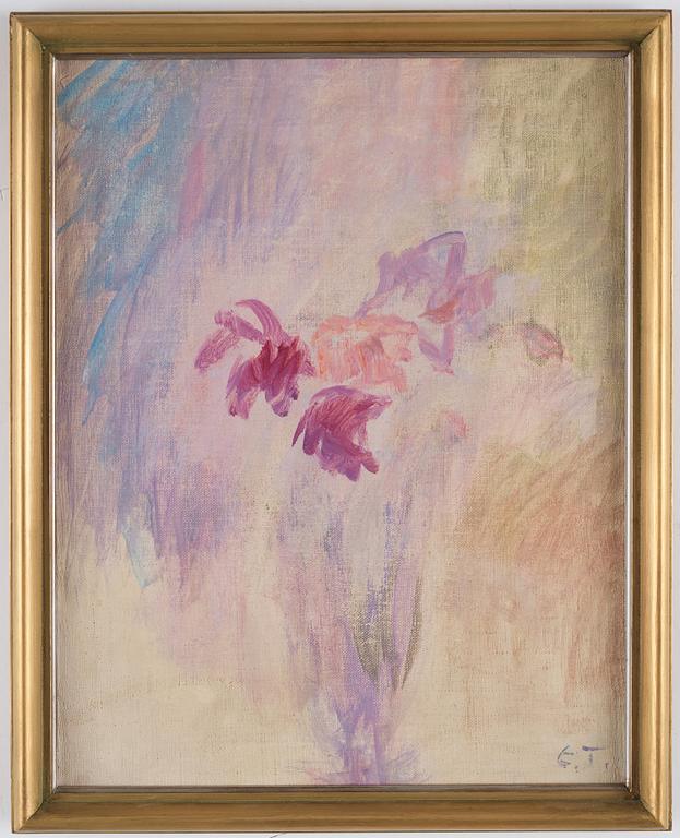 Ellen Thesleff, Flowers, red in violet vase against violet fund.