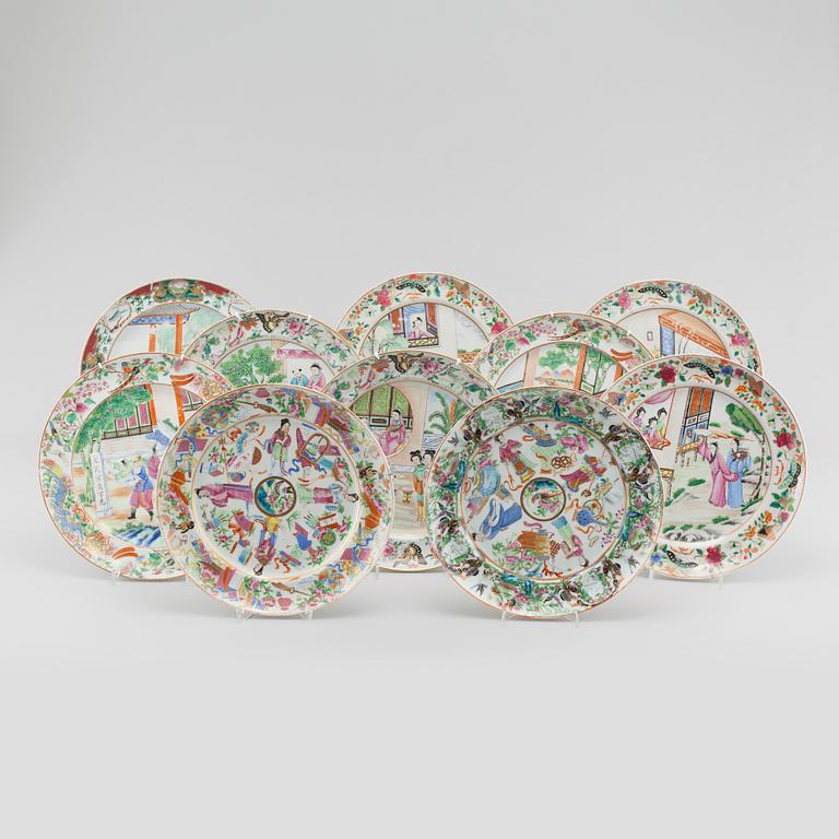 A set of ten different Chinese Kanton porcelain plates, 19th century.