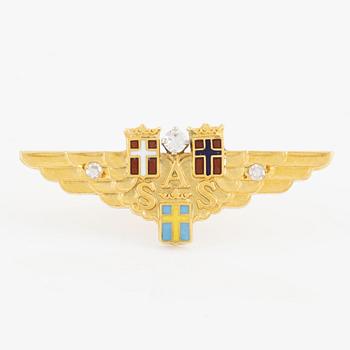Pin, 18K guld med emalj och diamanter, SAS. Manschettknappar, Sporrong & Co, förgylld metall medföljer.