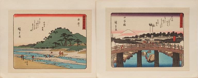 TRÄSNITT, 15 st i mapp, efter trol. Hiroshige. Japan.