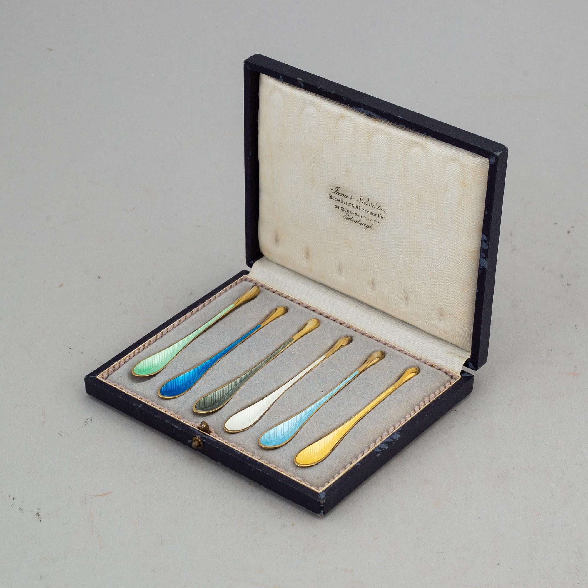 6 silver and enamel spoons, Egon Lauridsen, Copenhagen, Denmark.