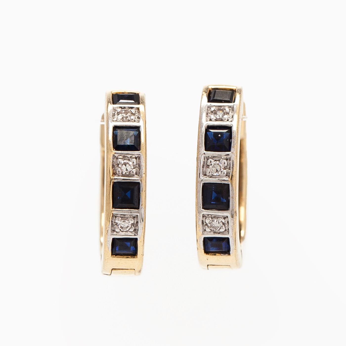 Korvakorut, 8/8-hiotut timantit, neliöhiotut safiirit, 14K kultaa.