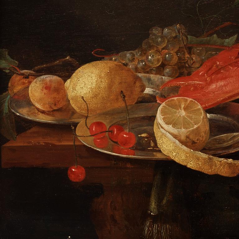 Pieter van Overschie (van Overschee) Tillskriven, Stilleben med hummer, nautilussnäcka, kraakfat och citron.