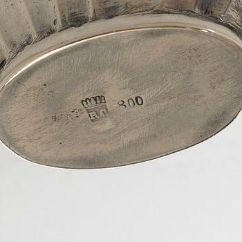 Three cups, dish, basket, jug, bowl, and ring holder, silver.