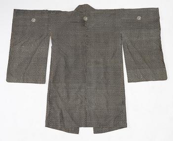 Kimono (five pieces), partially cotton, two pairs of shoes, one pair of socks, and a parasol, Japan, 20th century.
