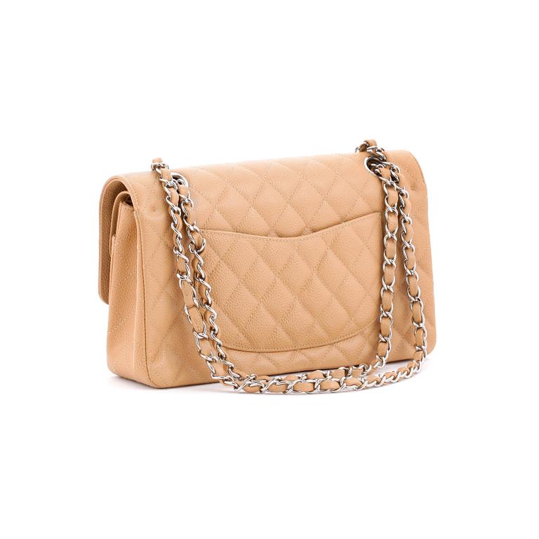 CHANEL, a beige caviar leather "double flap" shoulder bag.