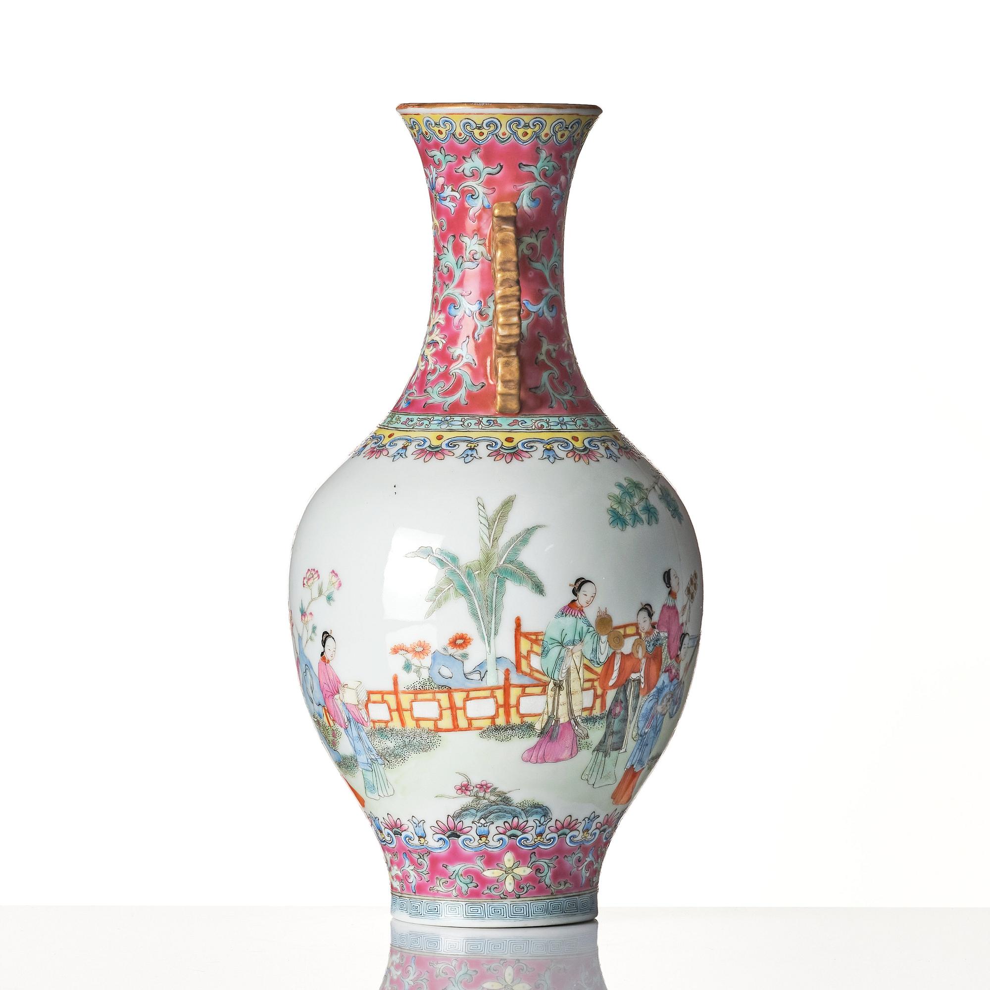 A famille rose vase, late Qing dynasty/Republic with Qianlong mark.