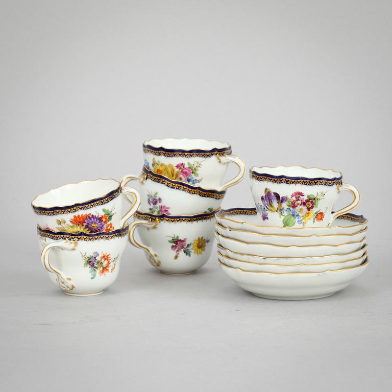 MOCCAKOPPAR med FAT, 6 st, porslin, Meissen. 1900-tal.