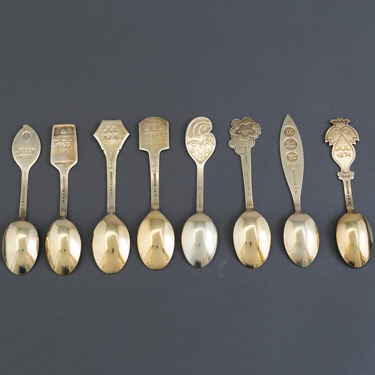 Christmas spoons, seven pieces, gilted silver, Anton Michelsen, Denmark.