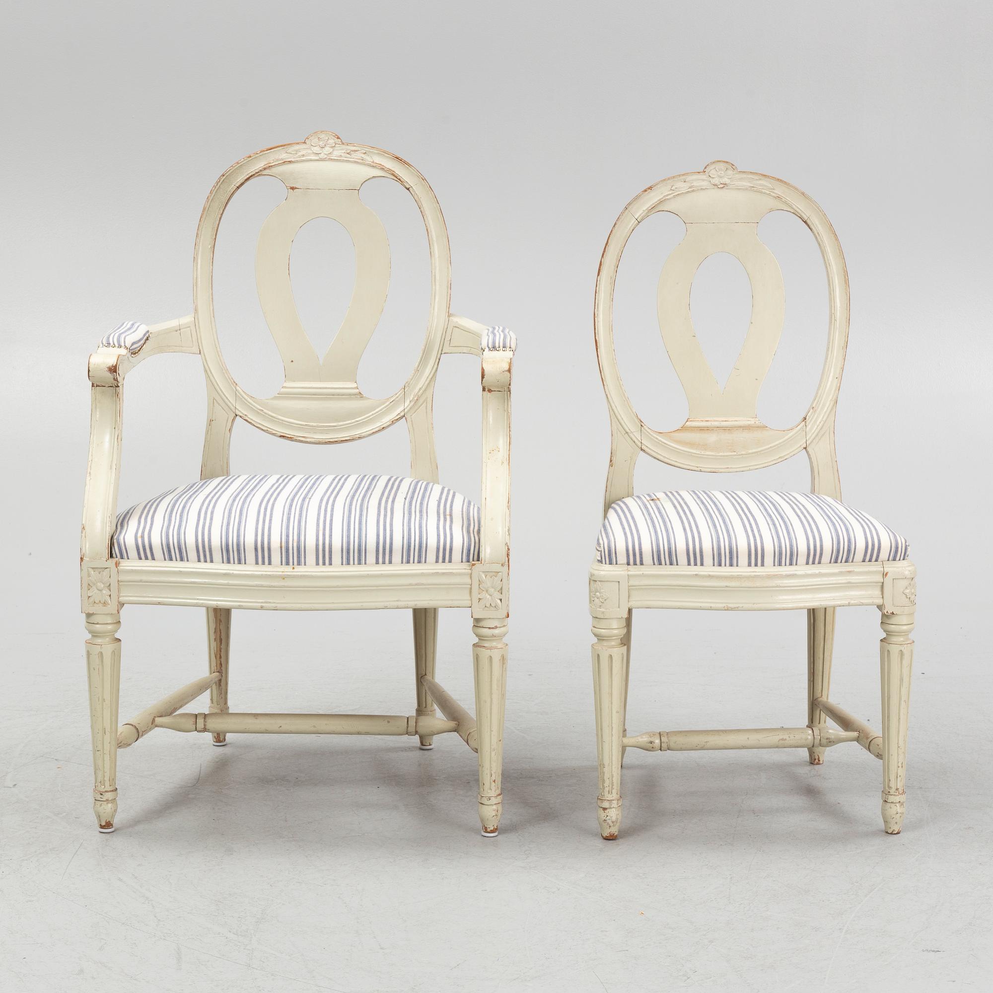 Stolar, 4 st och karmstolar, ett par, gustaviansk stil, 1900-talets första hälft.