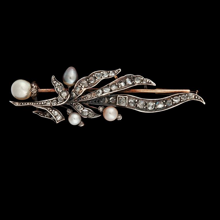 A rose-cut diamond and natural pearl, according to certificate, brooch. French hallmarks.
