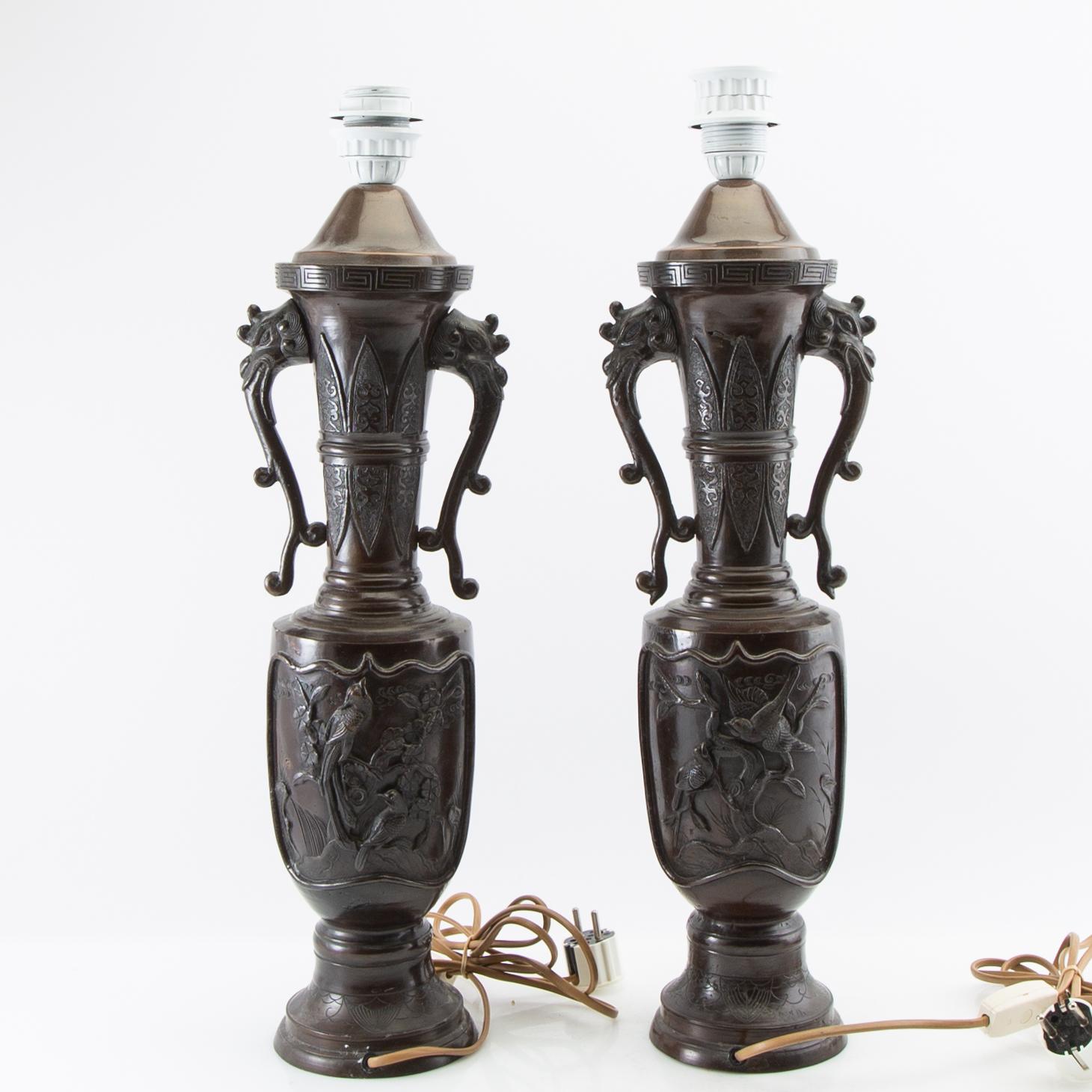 Table lamps a pair China 20th century patinated metal.