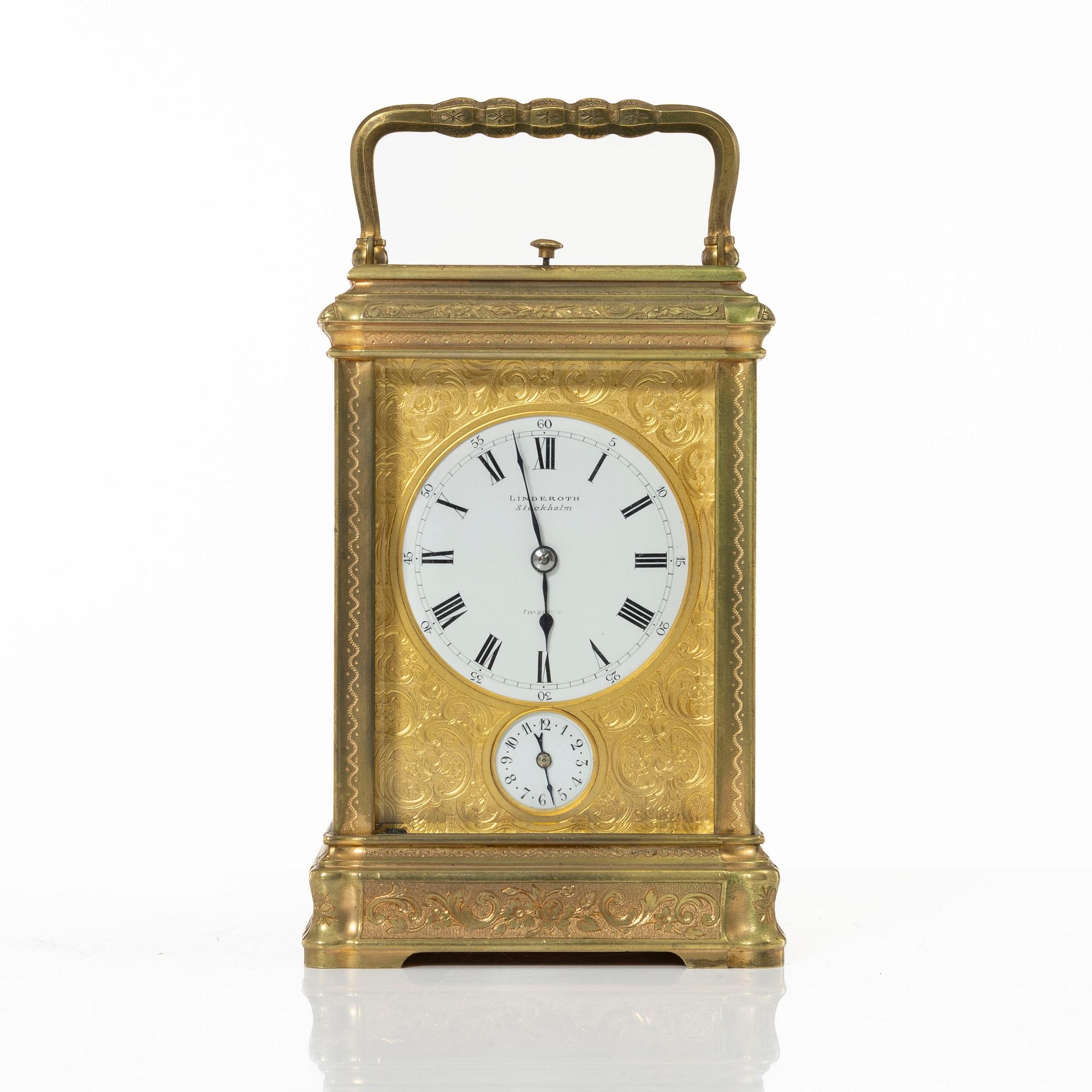 A gilt bronze carriage clock of French manufacture, the dial mark Linderoth, Stockholm, late 19th century/circa 1900.