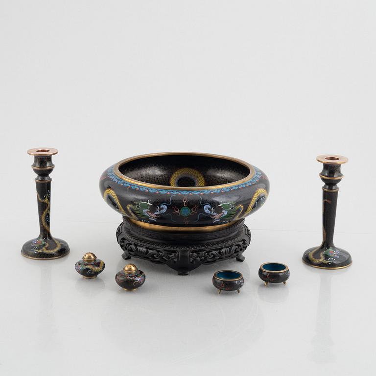 Seven pieces of cloisonné, China, 1920's.