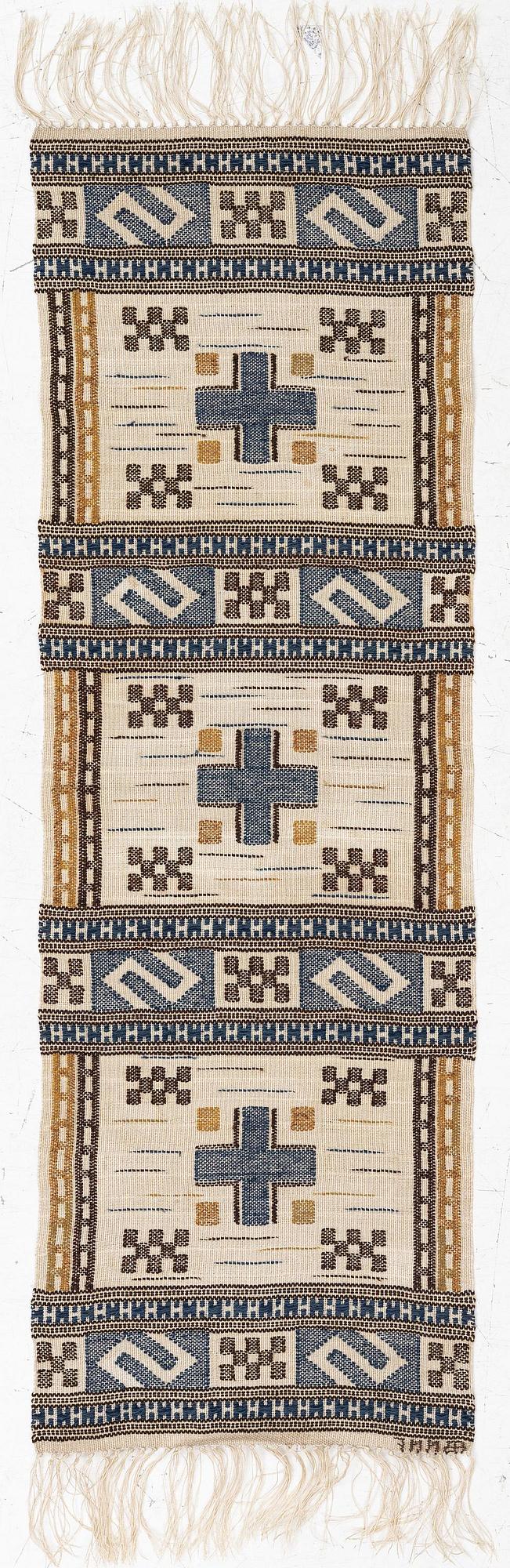 Märta Måås-Fjetterström, a 'Blå essbård' (also  S-bård), flat weave c. 142 x 42 cm, signed AB MMF.