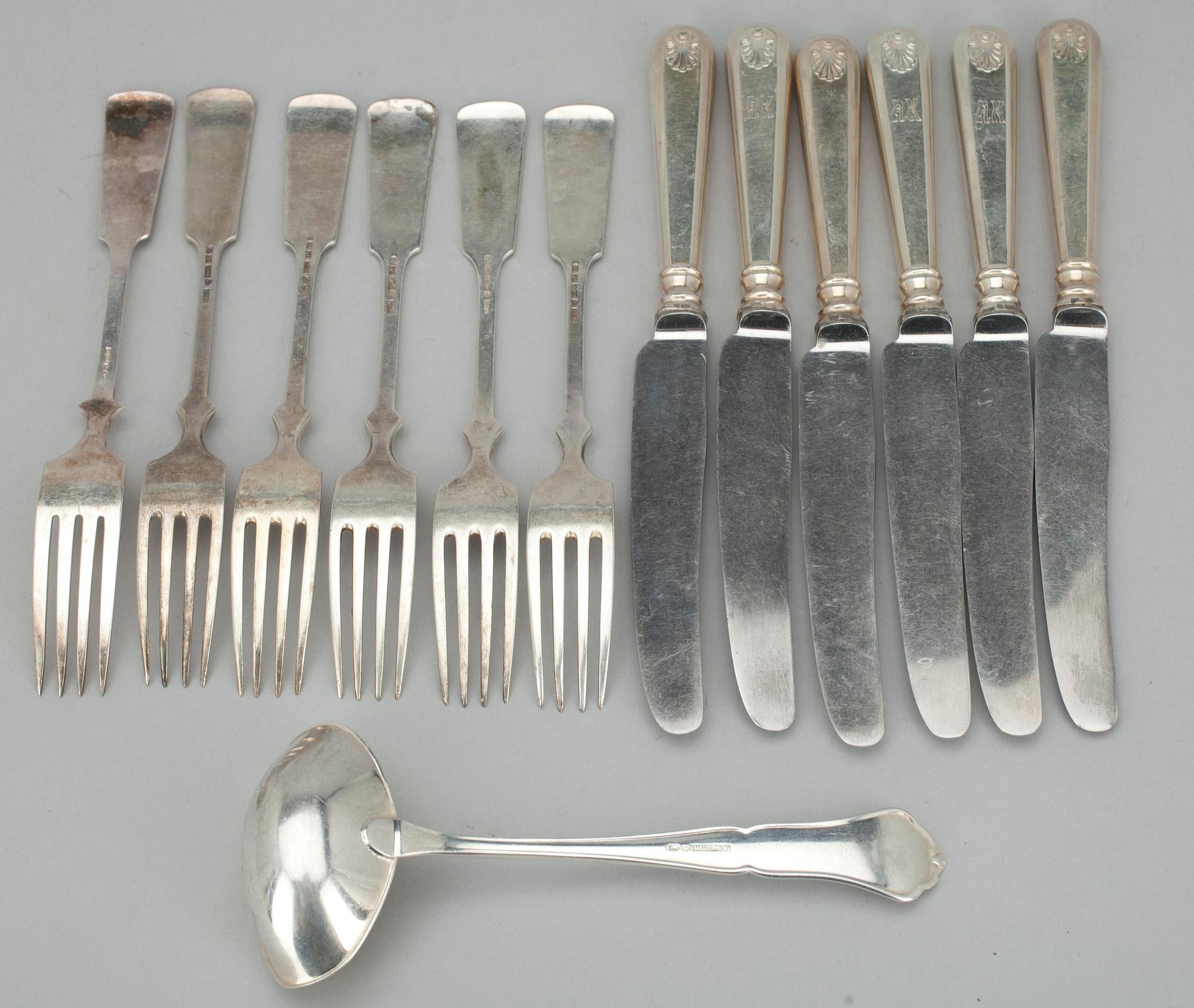 BESTICK, 13 delar, silver, "Musslan" ja "Chippendale", Tavastehus, Finland 1928 - 1976. Tot. vikt 580 g.