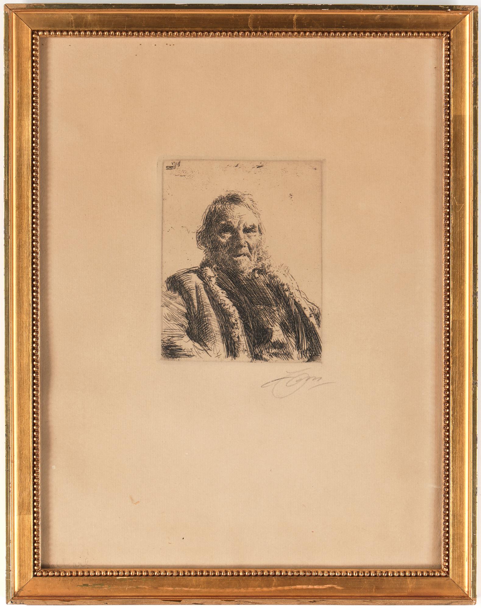 ANDERS ZORN, etsning, "Gammal knekt", signerad med blyerts. Utförd 1911.
