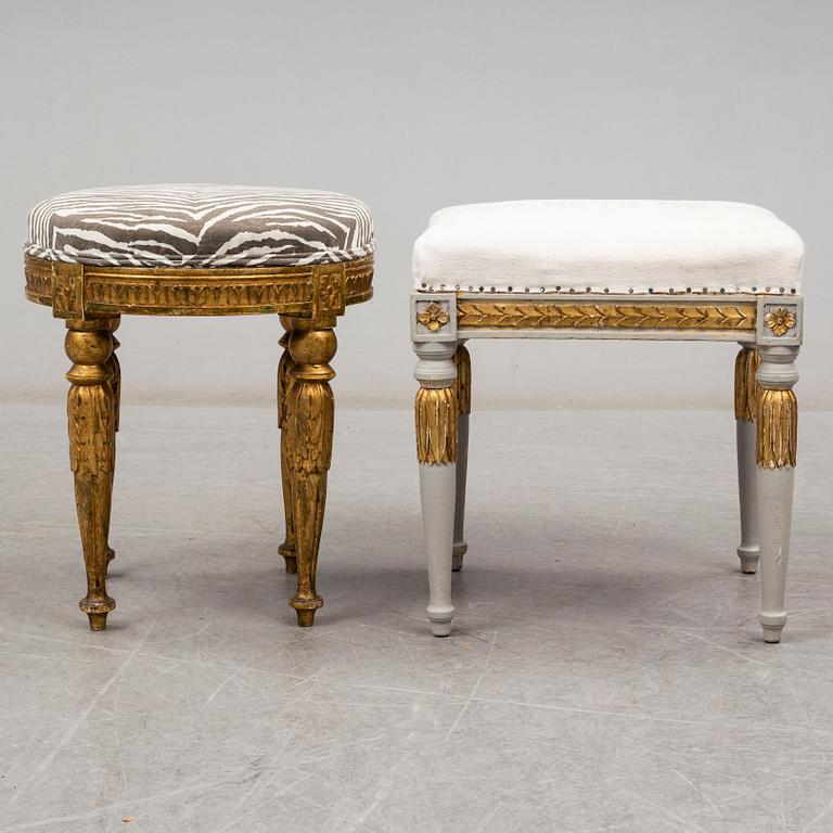 Two stools, late gustavian and late gustavian style, ca 1800 and early 20th century.