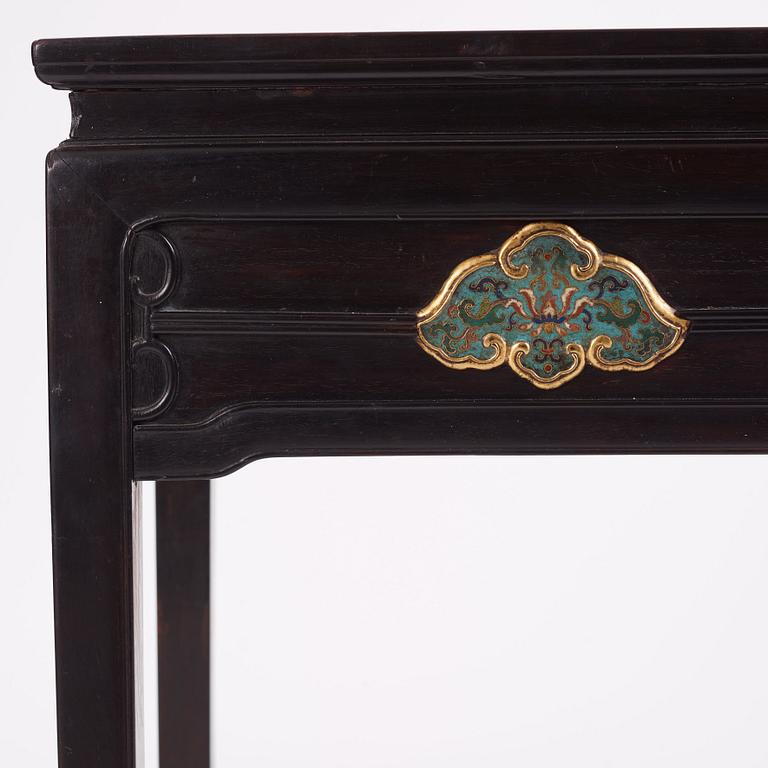 A Chinese zitan altar table with cloisonné placques, Qing dynasty, Qianlong period (1736-1795).