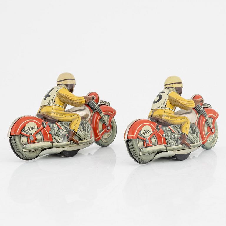 Schuco, four tin motorcycles, 'Curvo 1000' and 'Motodrill 1006', U.S. Zone Germany , mid 20th century.