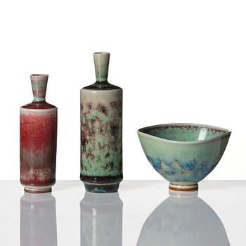 Berndt Friberg, a set of 6 stoneware vases and 3 bowls, Gustavsberg studio, Sweden 1944-47 and 1960-70s.