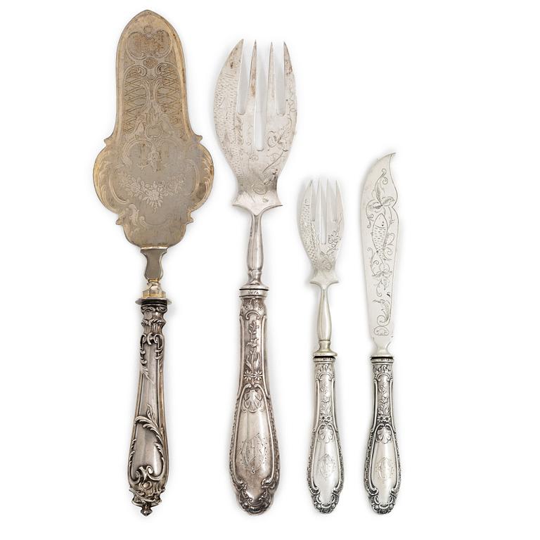 Fiskbestick samt fiskserveringsbestick, 23 delar, silver, Lemor, Tyskland, tidigt 1900-tal.