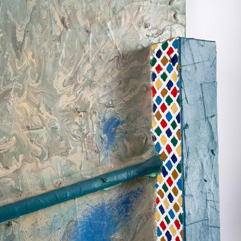 Stephen Buckley, triptyk, mixed media on canvas, signed and dated 1985 verso.