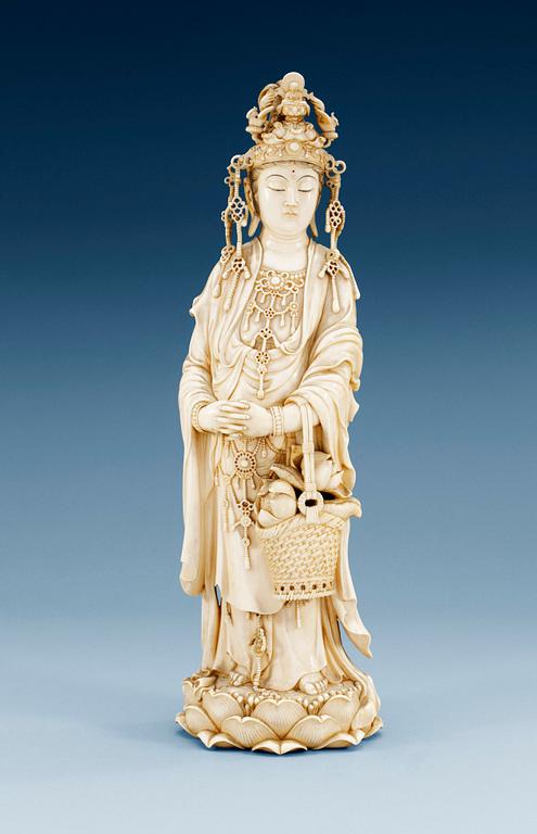 A Japanese ivory figure of Guanyin, probably Meiji period (1868-1912). Signed.