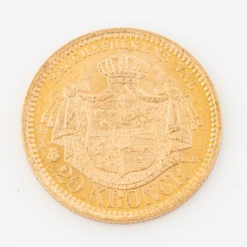 Gold coin, Oscar II, 20 kronor, type III, Sweden 1879.