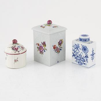 Two German tea caddies and a Swedish custard cup with cover, 20th/18th Century.