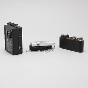 Three cameras, partly Leica I camera, model A, Elmar, 1930s.